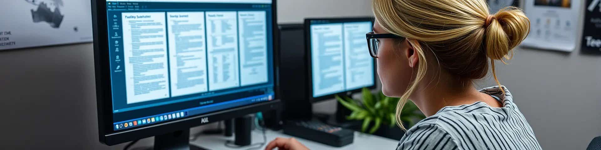 Frau mit Brille arbeitet an einem Computer und betrachtet digitale Dokumente auf zwei Monitoren.