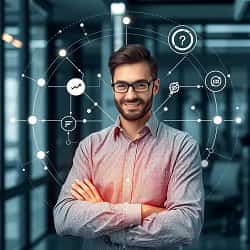 Lächelnder Mann mit Brille in einem modernen Büro, umgeben von digitalen Vernetzungssymbolen, die Technologie und Kommunikation darstellen.