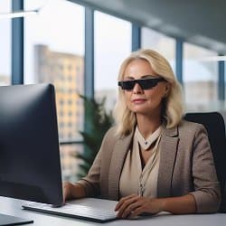 Blinde Frau mit Brille arbeitet an einem Computer.