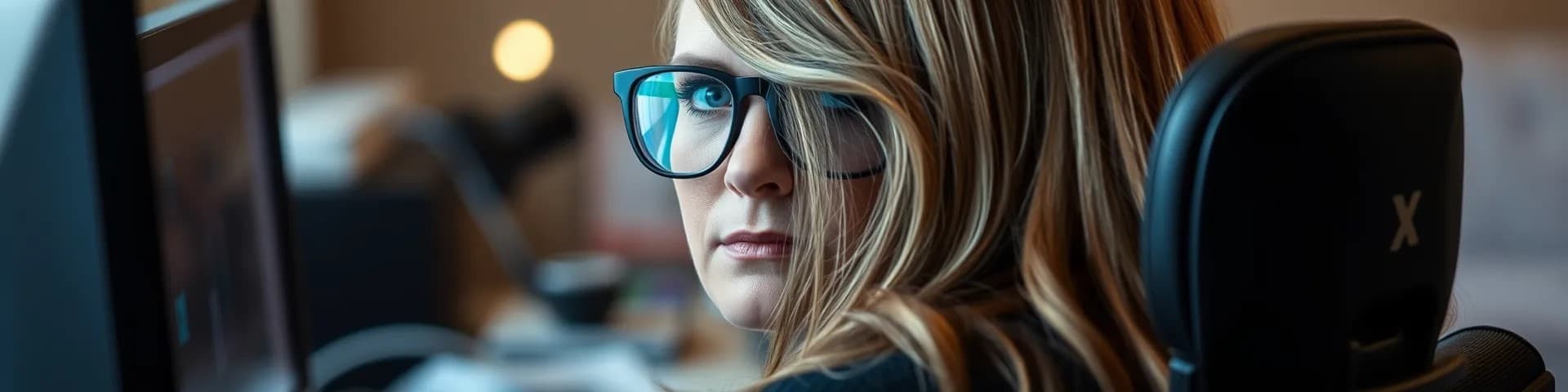 Sehbehinderte Frau mit blonden Haaren und Brille arbeitet an einem Computerbildschirm.