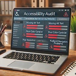 Laptop zeigt Barrierefreiheits-Audit mit Hinweisen auf fehlenden Alt-Text.