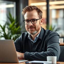 Geschäftsmann mit Brille arbeitet am Laptop in modernem Büro mit Pflanzen im Hintergrund.