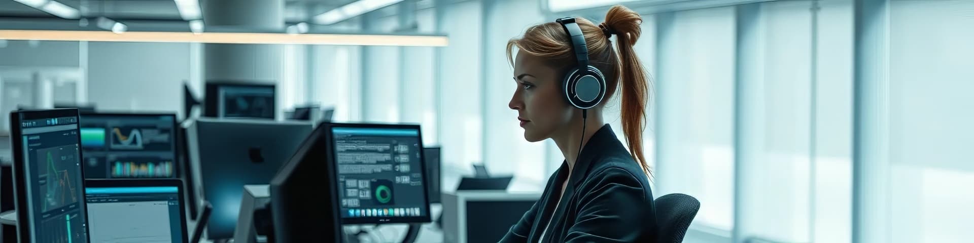 Frau mit Kopfhörern arbeitet konzentriert an Computerbildschirmen in einem modernen Büro