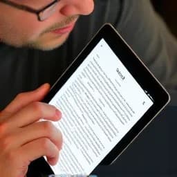 Mann liest auf einem Tablet ein barrierefreies Dokument mit Brille, fokussiert auf den Bildschirm, Nahaufnahme.