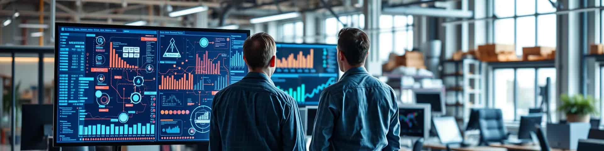 Zwei Männer betrachten Datenauswertung auf einem Bildschirmen in einem modernen Büro.