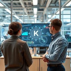 Zwei Personen analysieren Daten auf einem großen Bildschirm in einem modernen Büro.