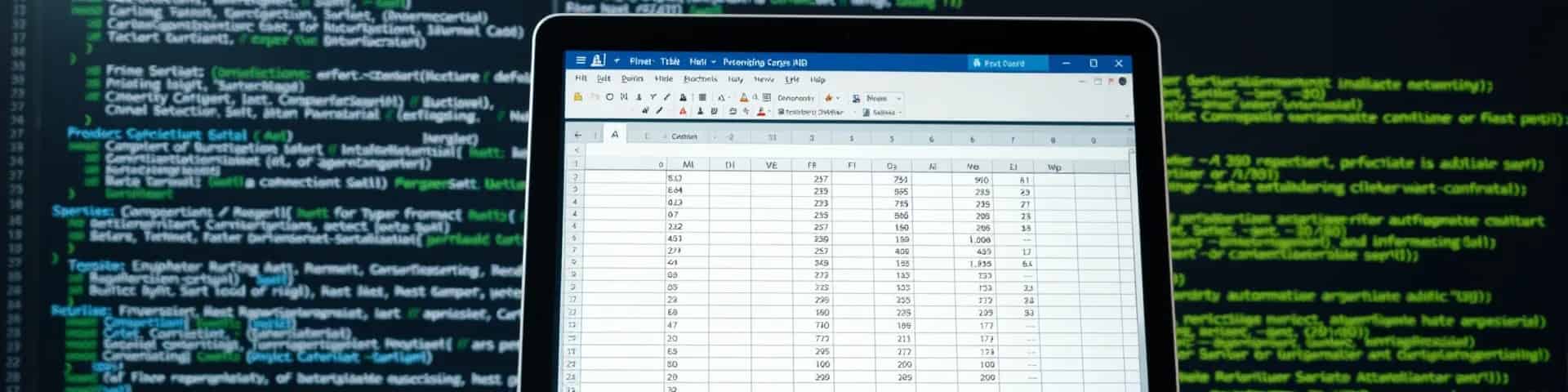 Laptopbildschirm mit geöffneter Excel-Tabelle, umgeben von grünem Programmiercode.