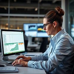 Frau im Büro arbeitet am Computer mit Excel-Diagrammen und Berichten.