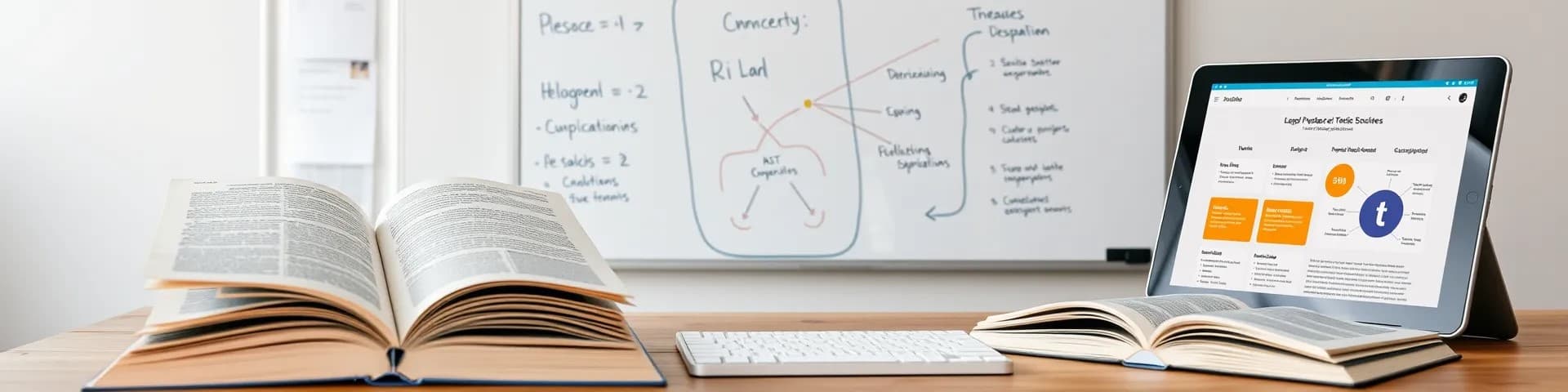 Offene Bücher auf einem Schreibtisch vor einem Whiteboard mit Diagrammen und einem Tablet, das eine digitale Präsentation zeigt. Lernumgebung mit Fokus auf digitale und analoge Medien.