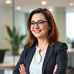 Lächelnde Frau in einem modernen Büro, professionell und selbstbewusst, ideal für geschäftliche Profile oder Unternehmensdarstellungen.