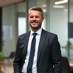 Lächelnder Mann im Anzug steht in einem modernen Büro.