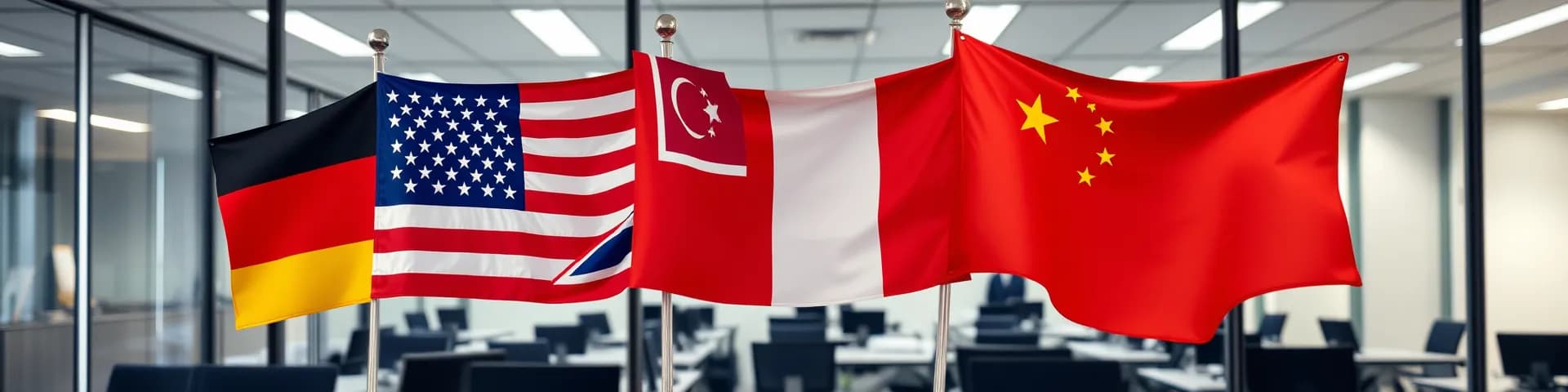 Vier Flaggen von Deutschland, USA, Singapur und China in einem Büro, die KI-Übersetzungen darstellen soll.