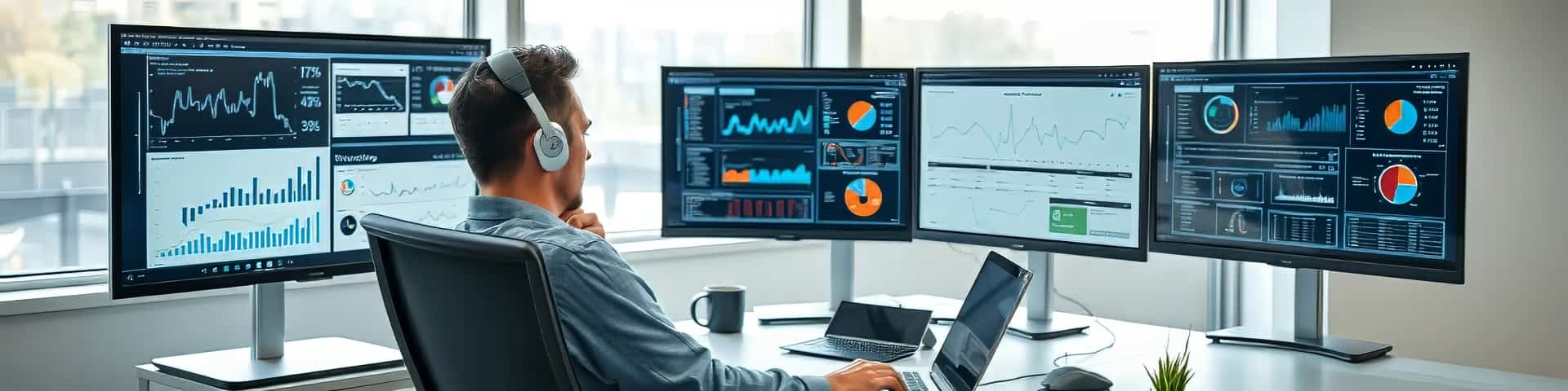 Mann mit Kopfhörern überwacht Datenanalysen und Dashboards auf mehreren Monitoren in einem modernen Büro.
