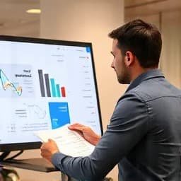 Geschäftsmann analysiert Diagramme und Statistiken von PowerPoint auf einem Bildschirm in einem modernen Büro.