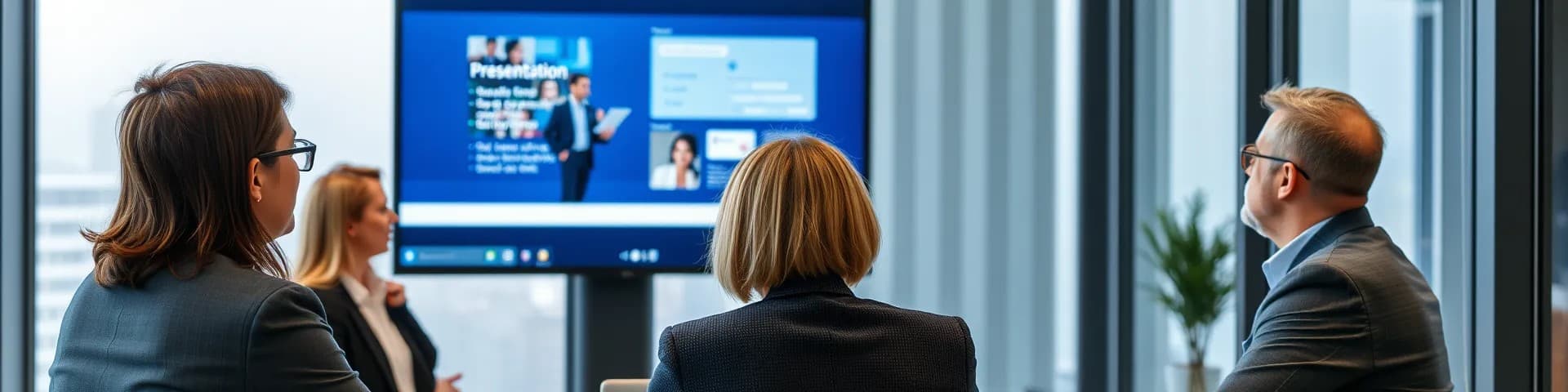 Geschäftsleute bei einer PowerPoint-Präsentation in einem modernen Konferenzraum mit großer Leinwand und Tageslicht.