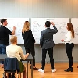 Gruppe von Fachleuten skizziert Konzepte für Erfolgsformel an Whiteboards in einem modernen Konferenzraum.