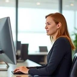 Frau arbeitet am Computer in modernem Büro mit großen Fenstern.