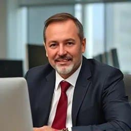 Geschäftsmann im Anzug sitzt lächelnd vor einem Laptop in modernem Büro.