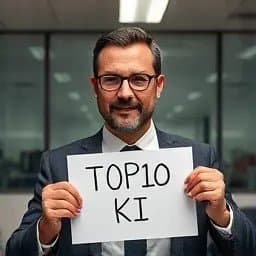 Mann im Anzug hält Schild mit 'TOP10 KI' in einem Büro.