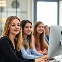 Gruppe junger Frauen arbeitet an Computern in einem Büro und blickt freundlich in die Kamera.