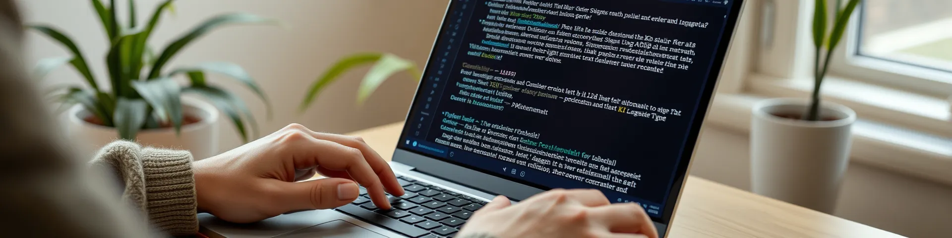 Person gibt Text auf einem Laptop ein, Topfpflanzen und Fenster im Hintergrund.