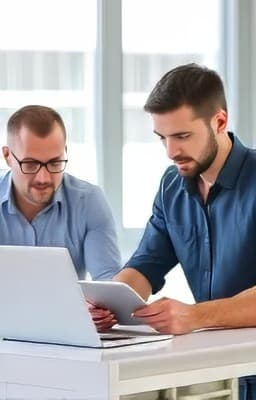 Zwei Männer arbeiten an einem Laptop und Tablet in einem modernen Büro.